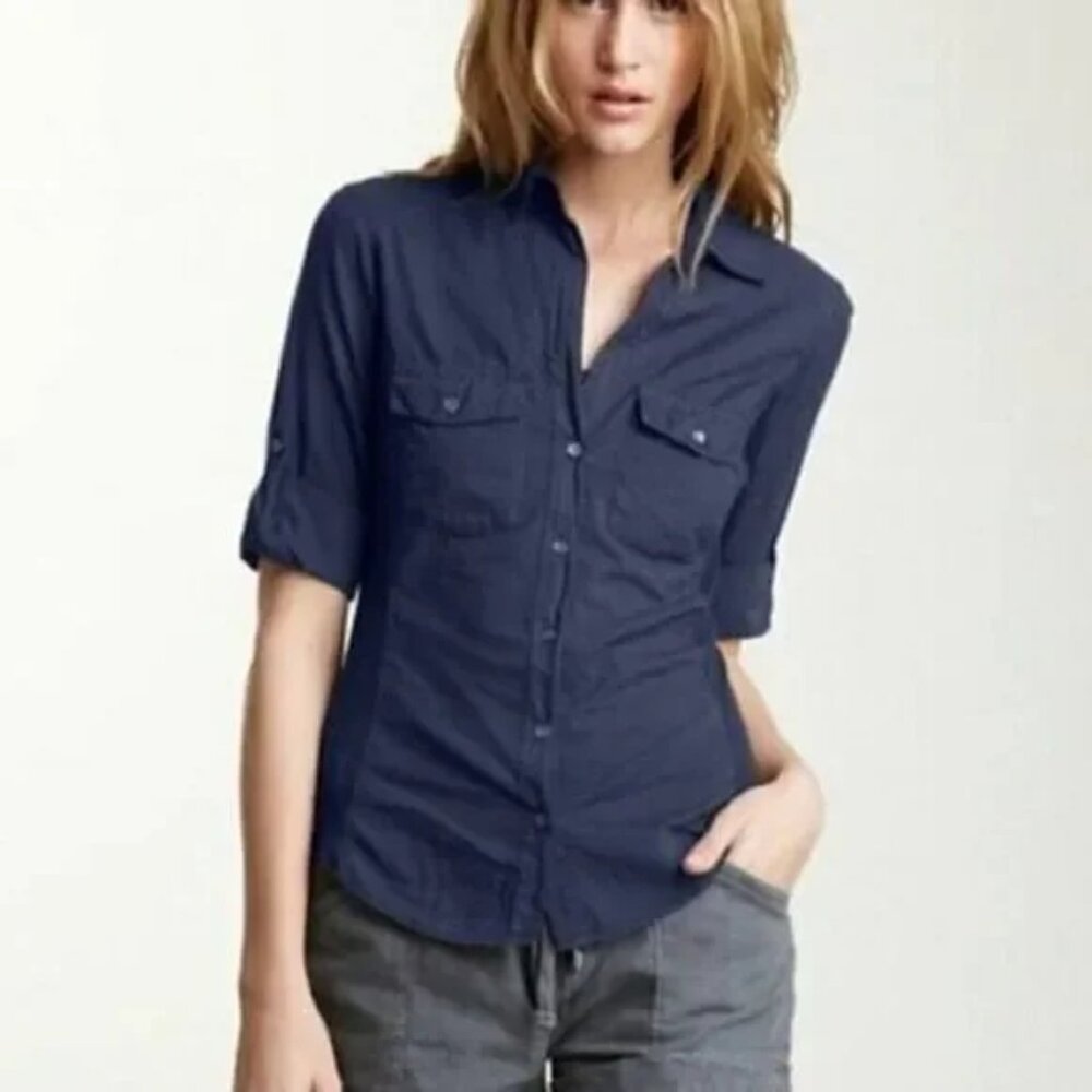 James Perse | Button Up Slub Side Panel Shirt in Navy Size 1